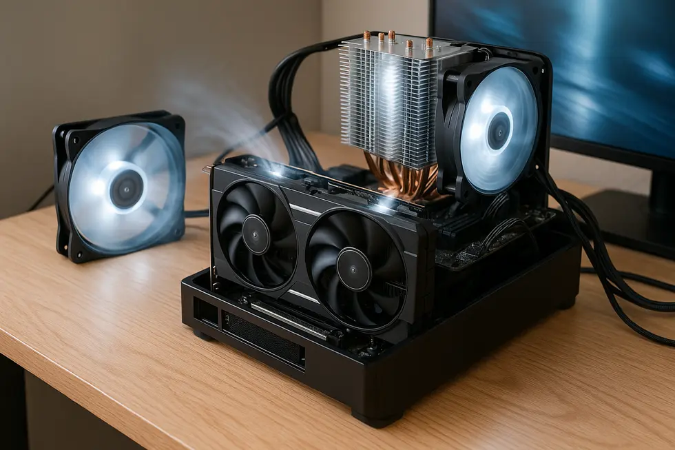 A close-up view of a GPU with digital thermal sensors highlighted.