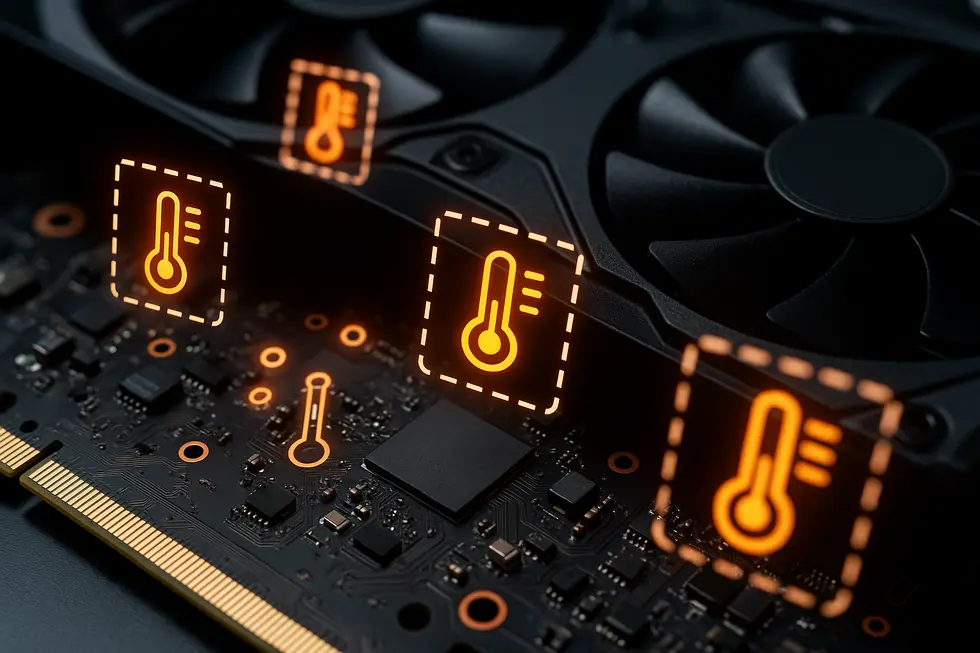 A close-up view of a GPU with digital thermal sensors highlighted.